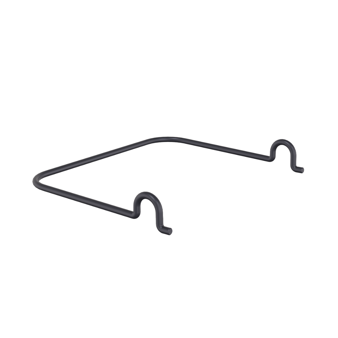 The Wall Protection Bar for Accora Empresa Beds is a black metal wire with a rectangular frame and two upward-curving hooks on opposite sides, designed as a wall bumper bed accessory, shown against a white background.